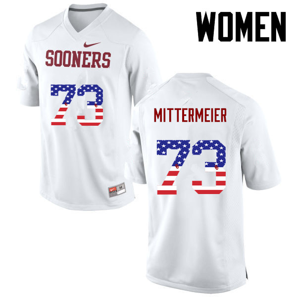 Women Oklahoma Sooners #73 Quinn Mittermeier College Football USA Flag Fashion Jerseys-White - Click Image to Close